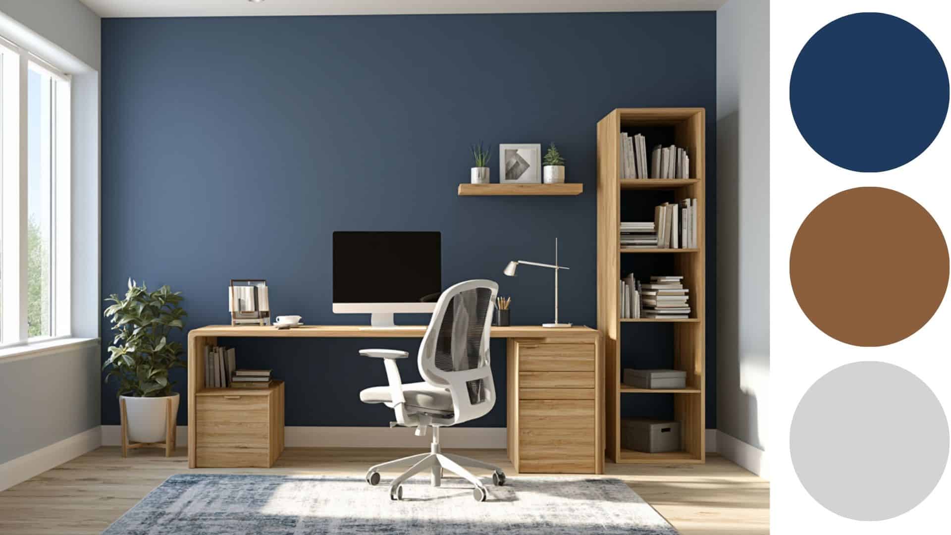 Contemporary home office with deep blue accent wall, wooden desk, shelving units, and ergonomic chair setup.