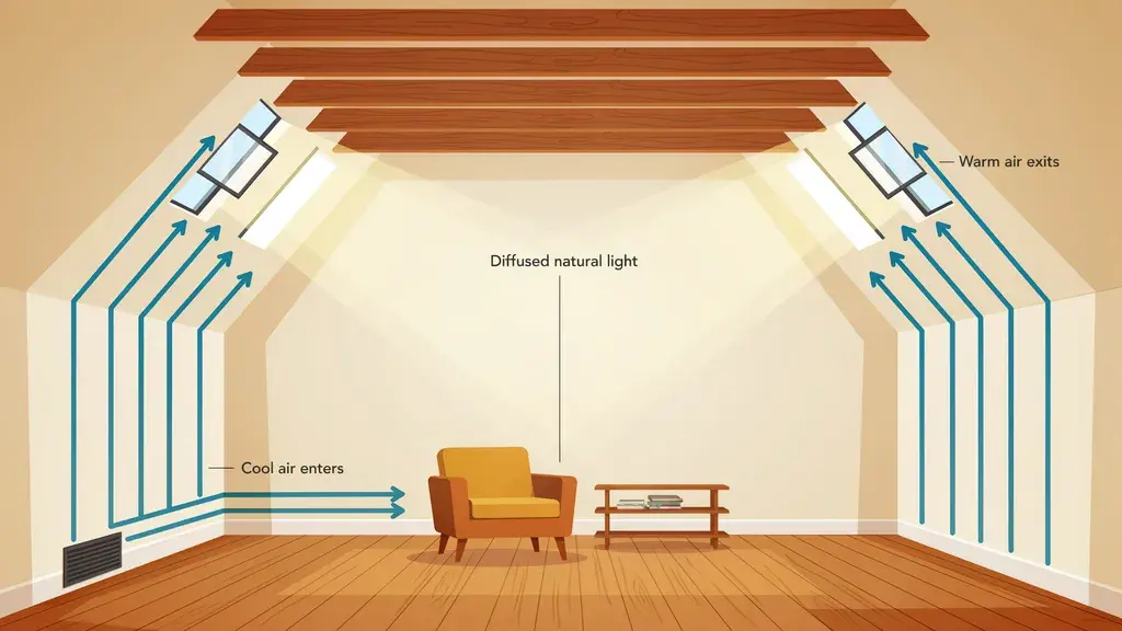 Diagram showing how clerestory windows bring in diffused natural light while warm air exits and cool air enters for ventilation