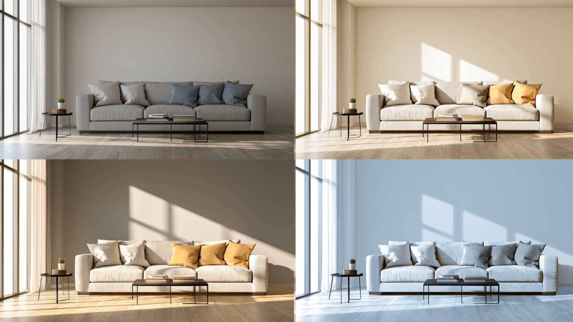 Same room showing how Shoji White and Alabaster change under natural and artificial lighting.