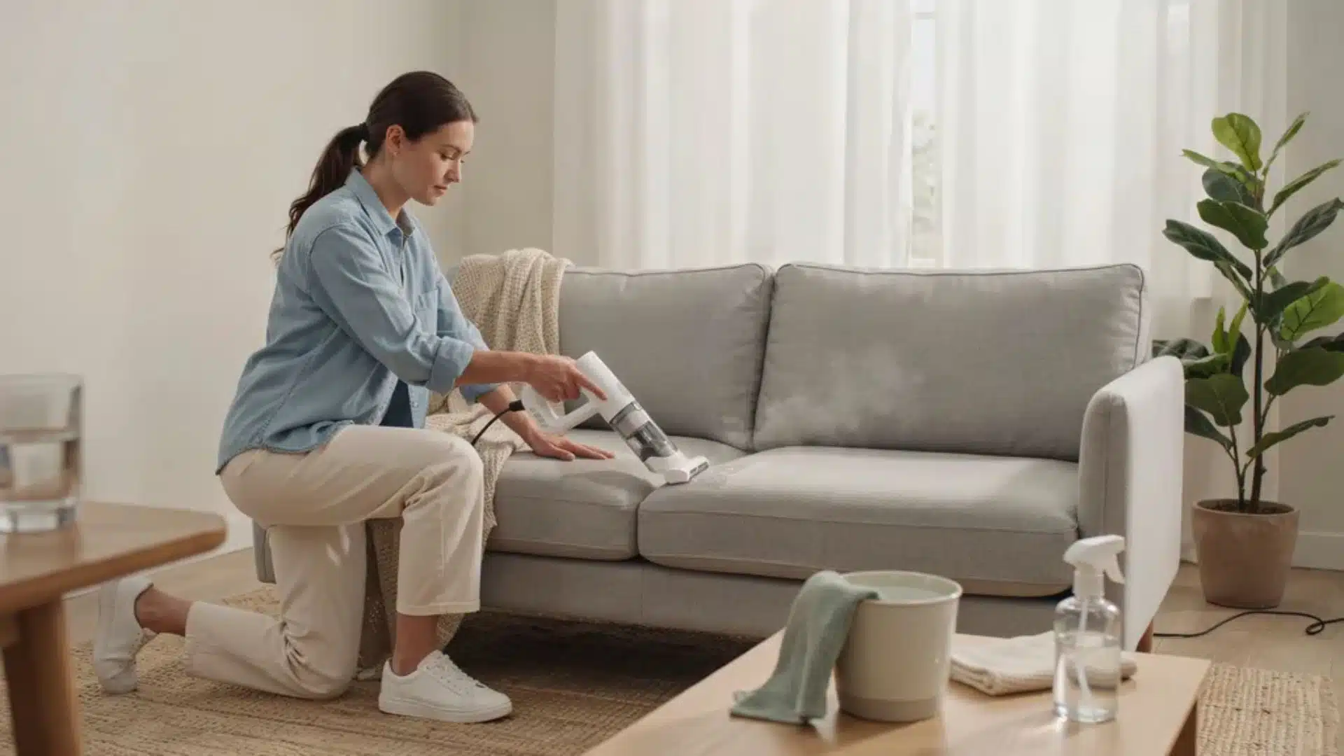 Woman in light blue shirt cleaning couch cushions with vacuum in bright modern living room with natural light