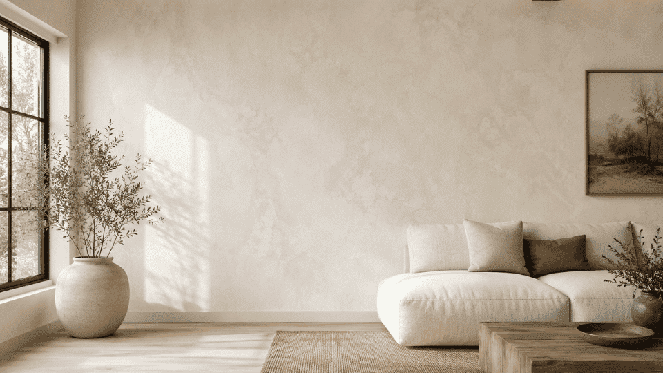 Minimalist modern living room with limewahed wall, soft natural daylight from large window.