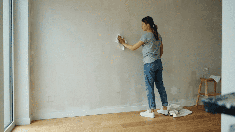 A woman cleaning the wall removing dust and grease