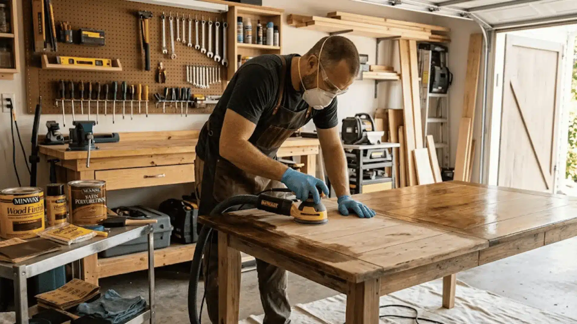 Man sanding and refinishing a wooden table in a garage workshop using professional woodworking tools.