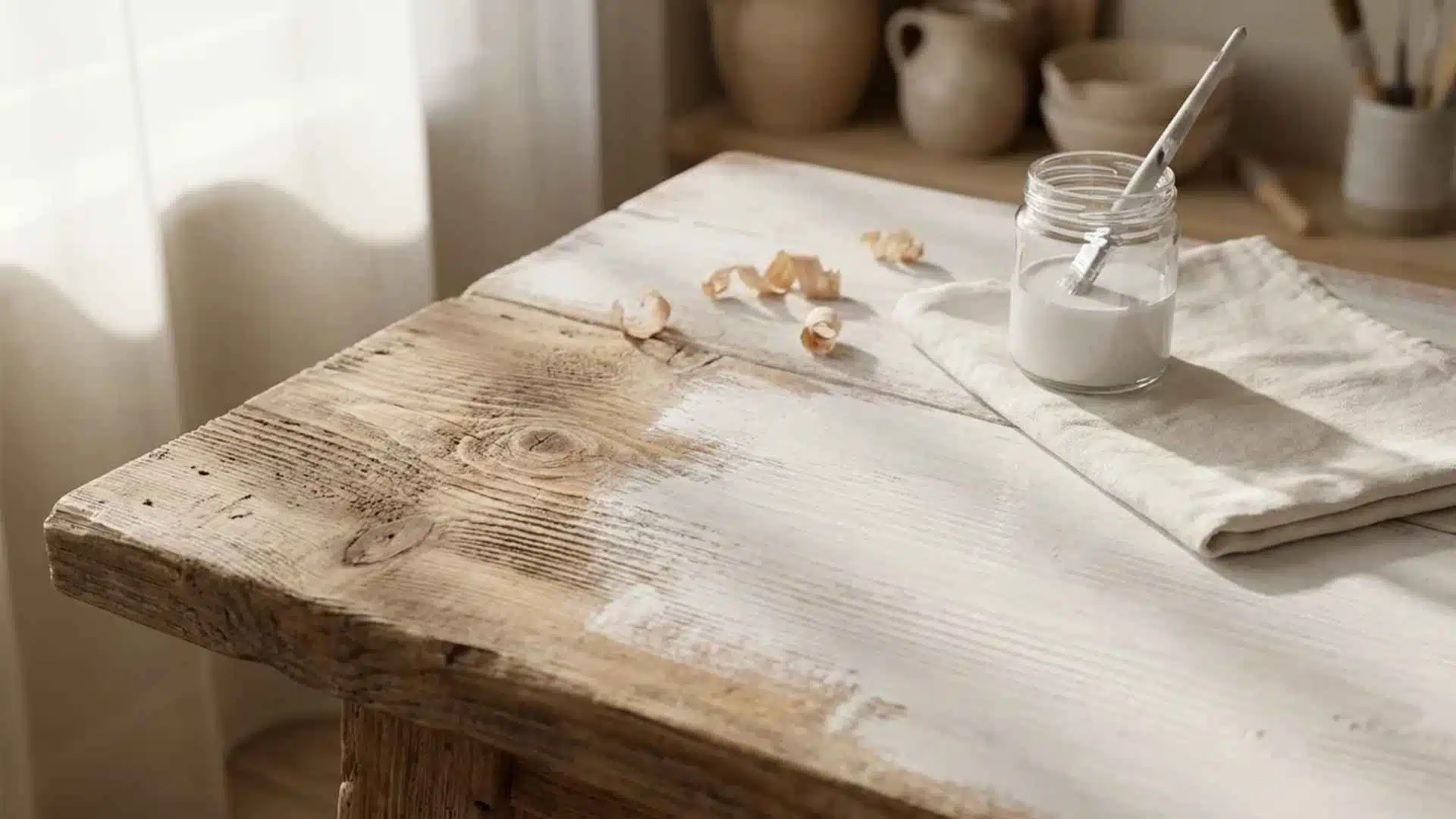 Rustic wooden table being whitewashed with white paint in a jar and brush, soft natural light, DIY home project scene