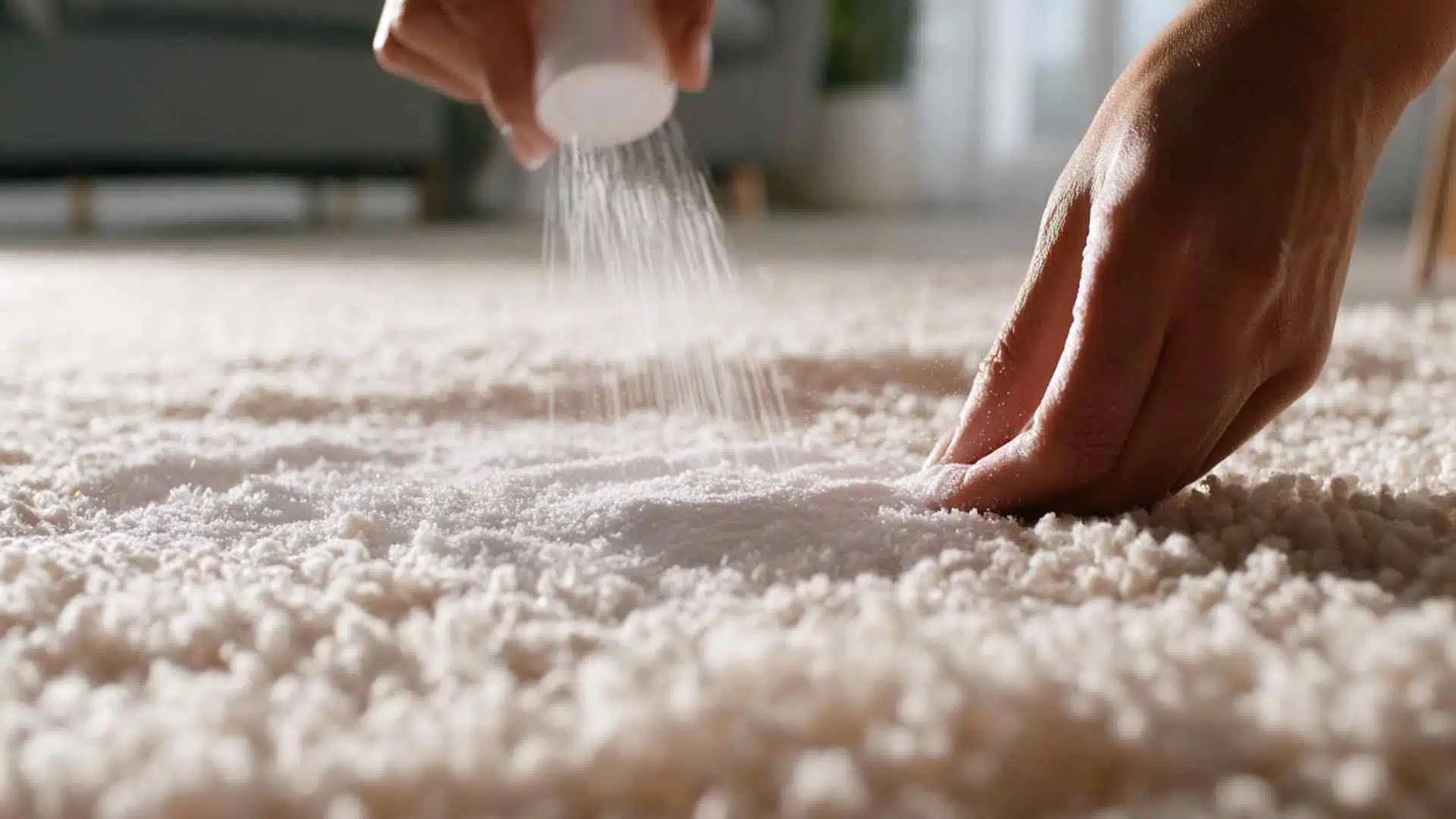 Hand applying baking soda on a carpet for treating odors