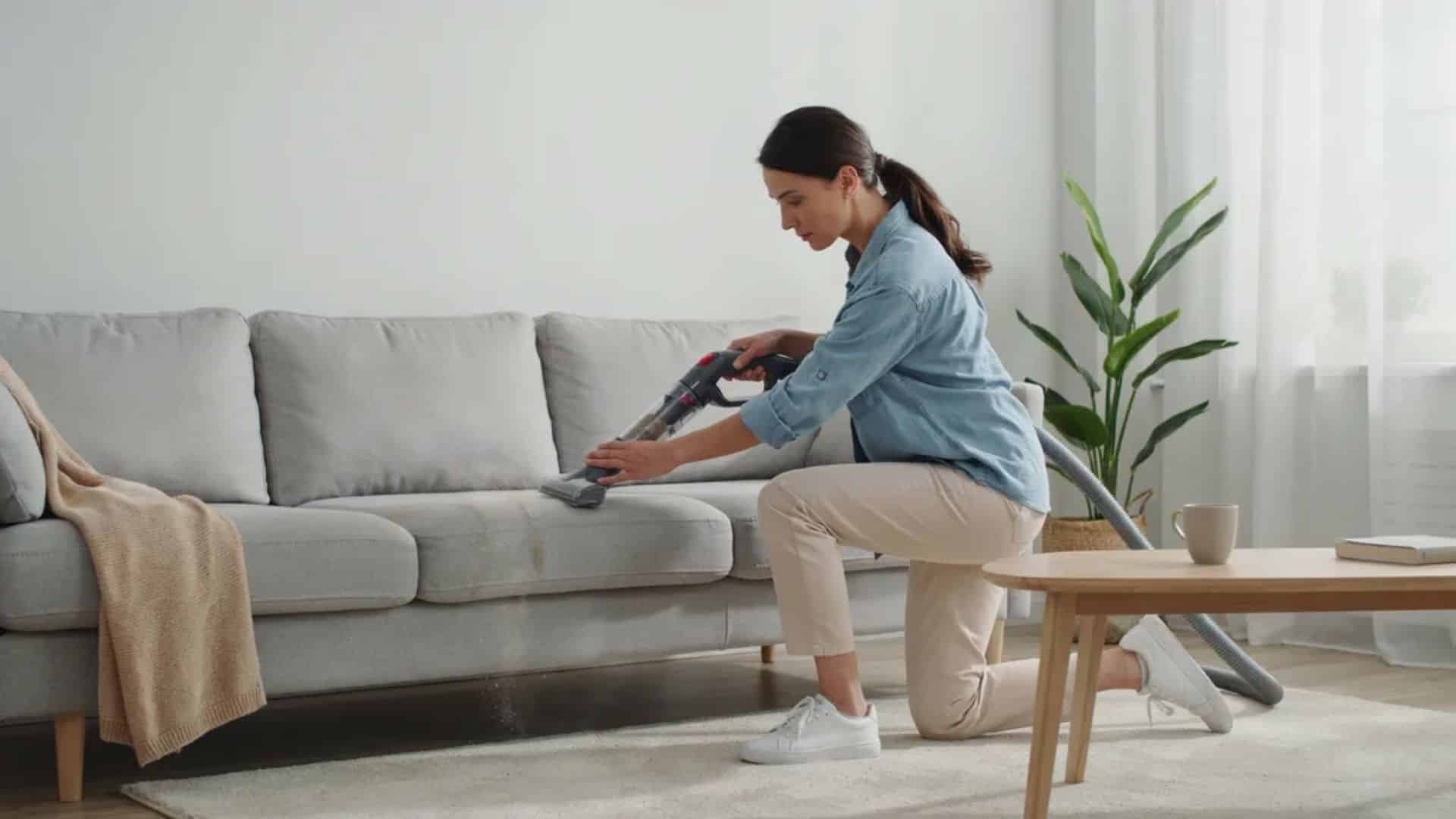 Woman in light blue shirt and beige pants vacuuming couch cushions in a bright living room removing dust and pet hair