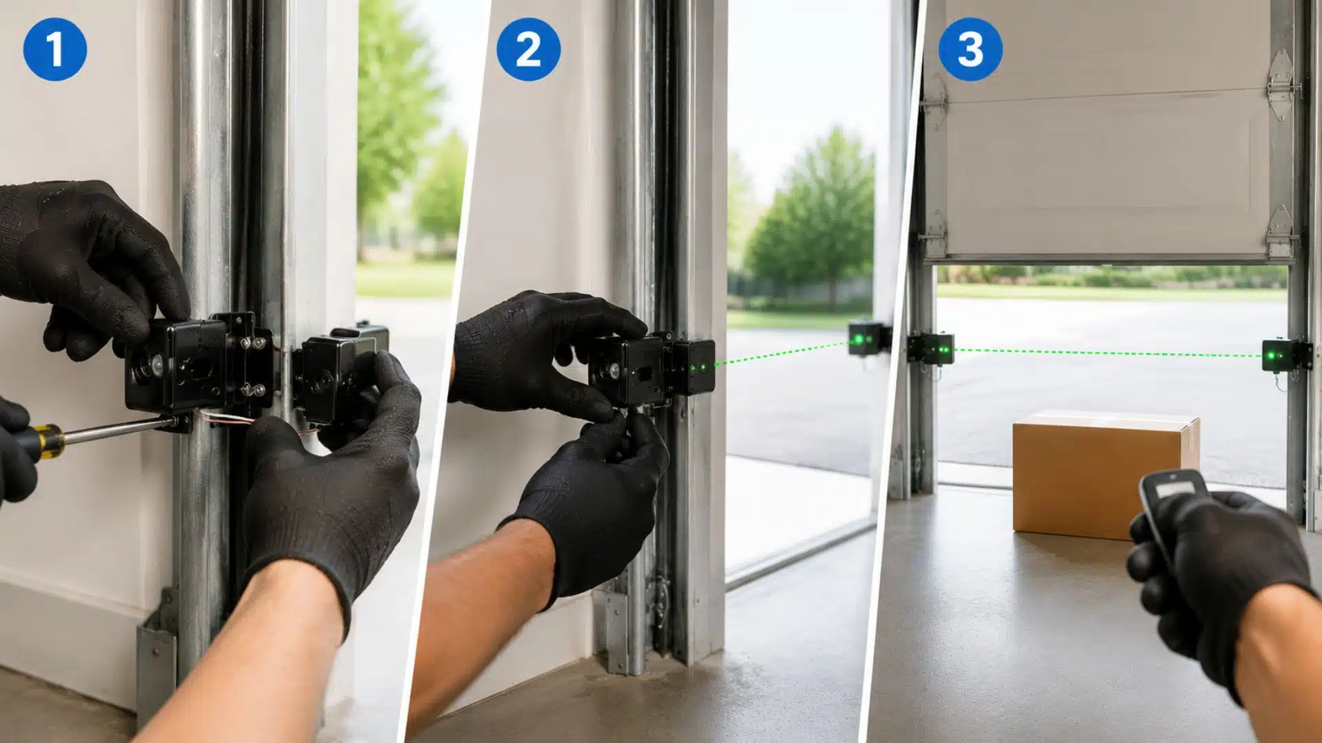 Garage door sensor installation steps 1 to 3 shown in clean numbered triptych with hands and alignment test scene