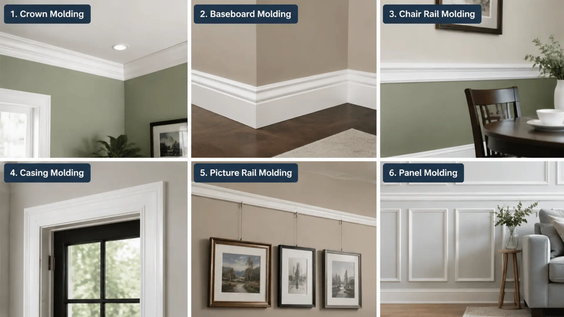 Six-panel infographic showing types of molding: crown, baseboard, chair rail, casing, picture rail, panel molding.