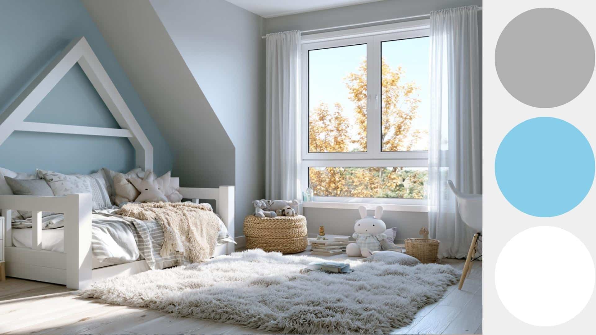 Cozy kids bedroom with blue accent theme, soft rug, plush toys, and bright window with gentle daylight.