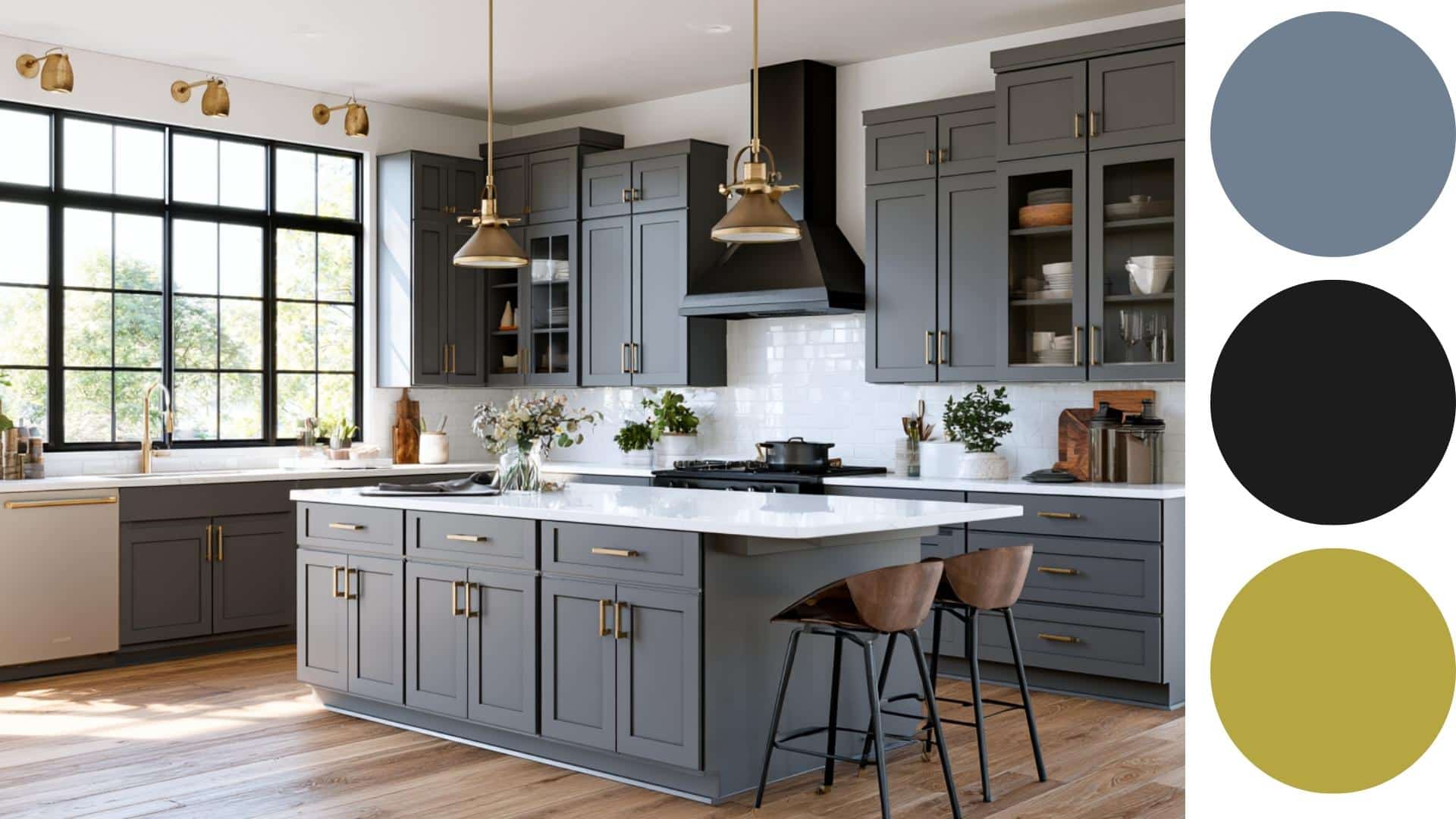 Contemporary gray kitchen with island, brass pendant lights, bar stools, and bright open-plan layout.