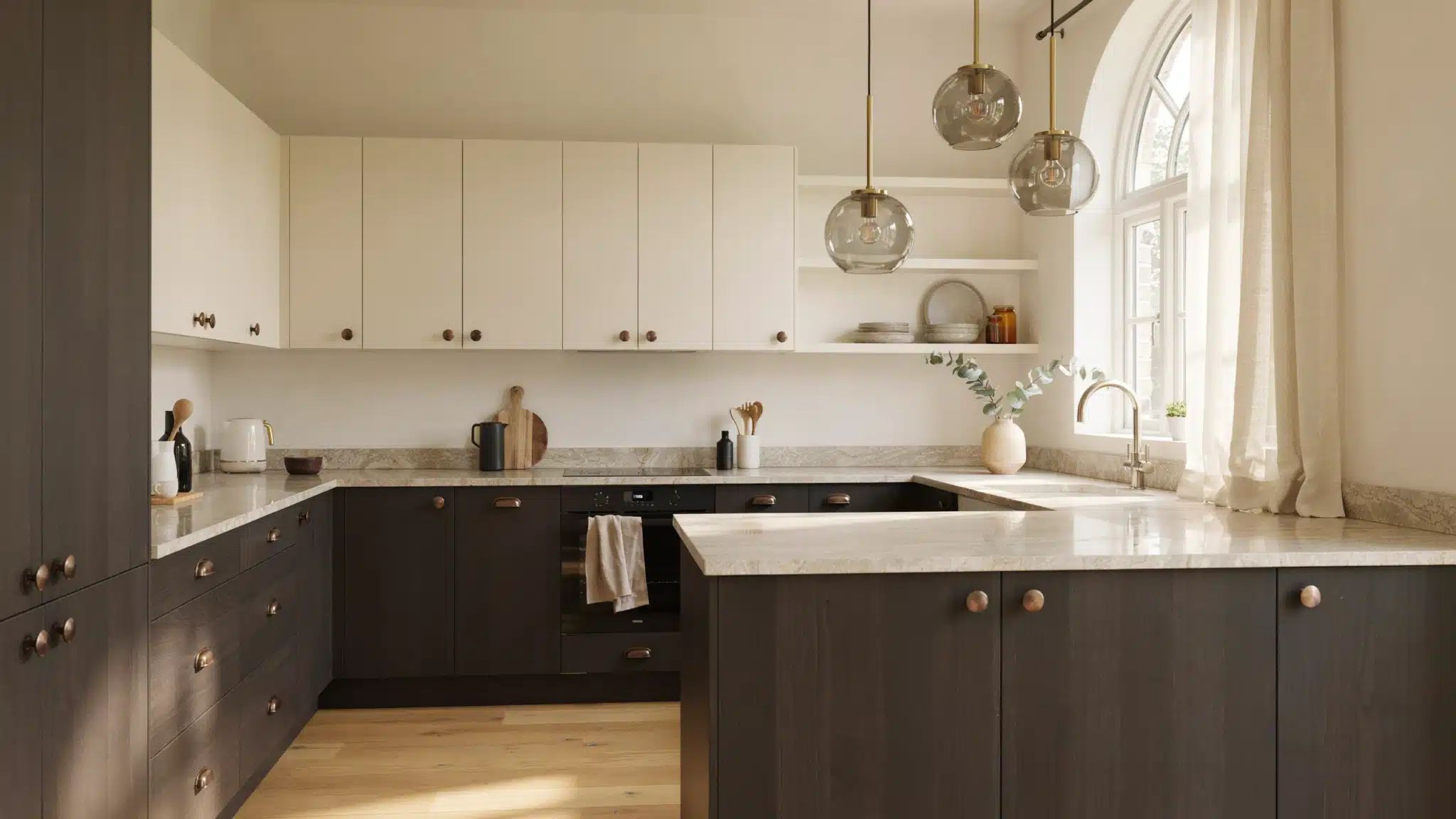 Modern kitchen with Silhouette AF-655 cabinets, marble counters, brass hardware accents.