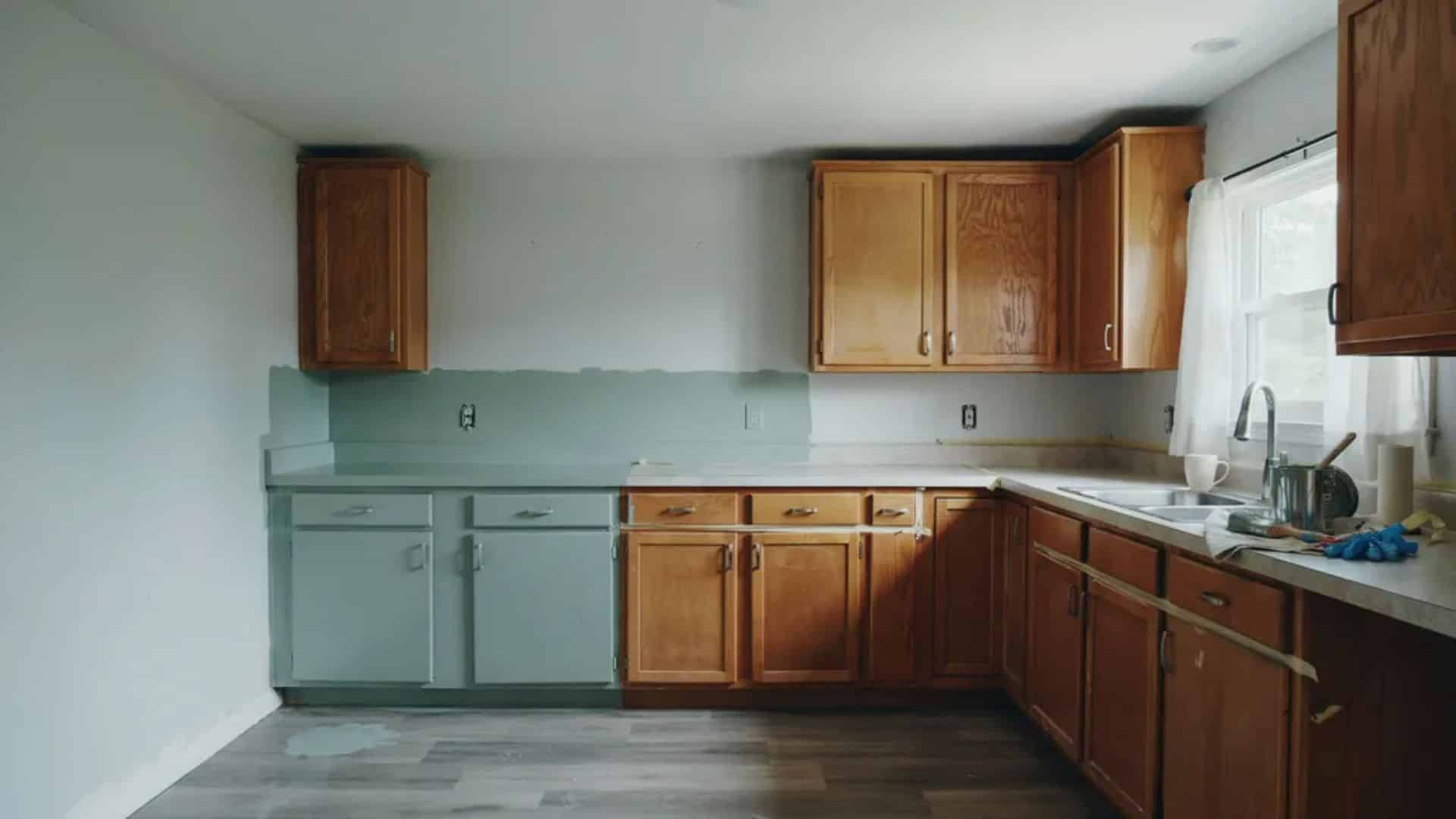 Kitchen interior cabinet section being painted with brush detail and masking tape visible in full room context