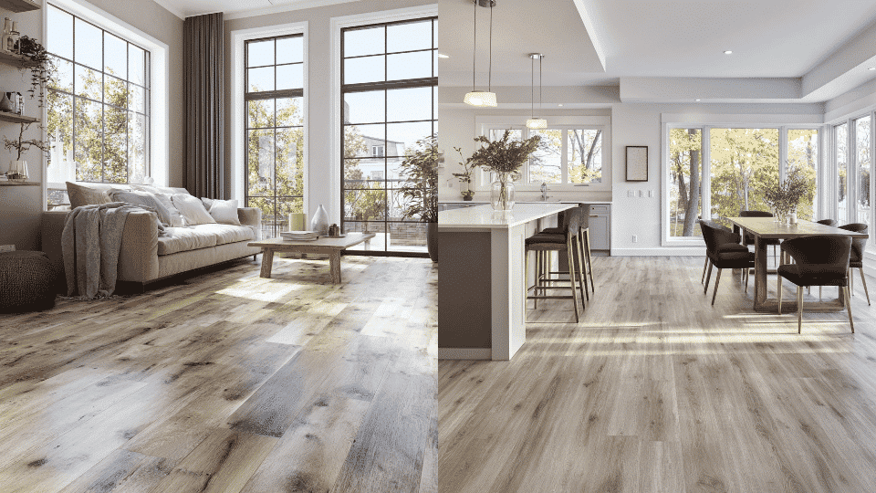 Side-by-side comparison of laminate flooring in a living room and LVP flooring in a modern kitchen with natural light.