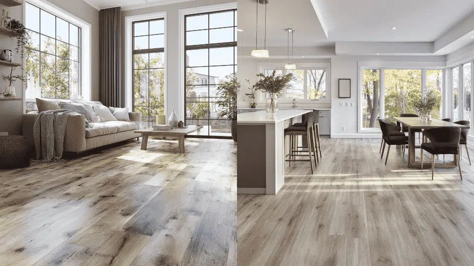 Side-by-side comparison of laminate flooring in a living room and LVP flooring in a modern kitchen with natural light.