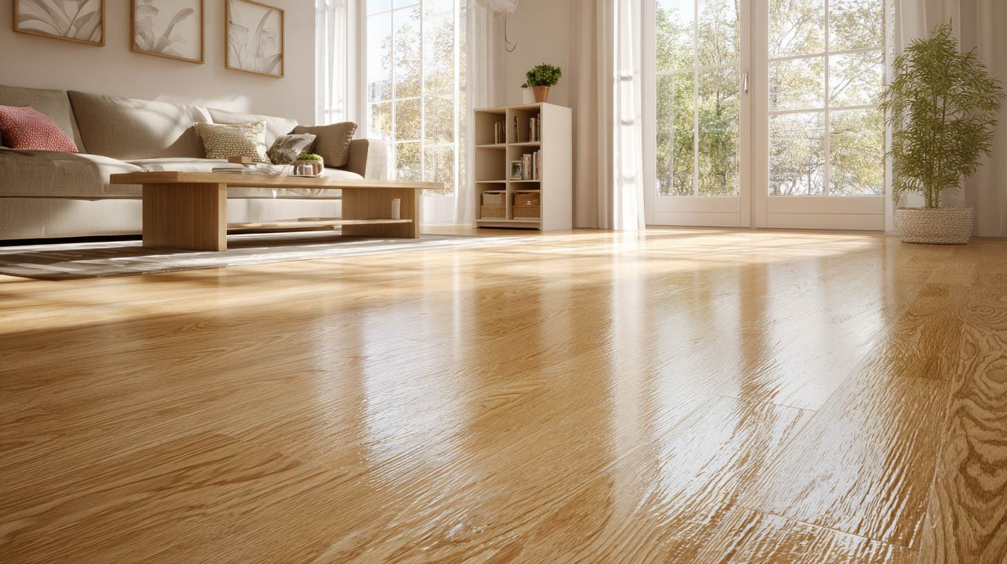 Laminate wood flooring in a modern living room showing realistic wood grain and light oak finish