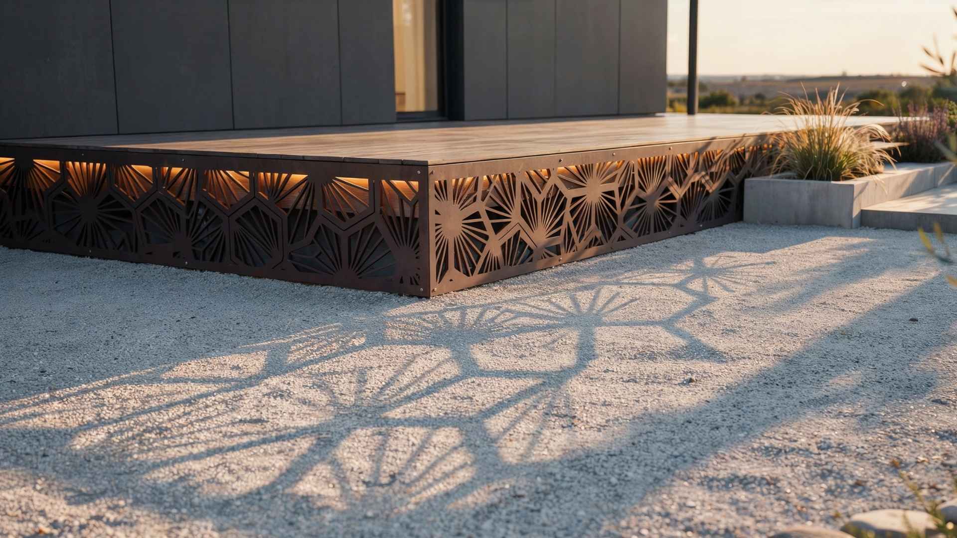 Corten steel deck skirting with laser cut sunburst pattern casting shadows on gravel.