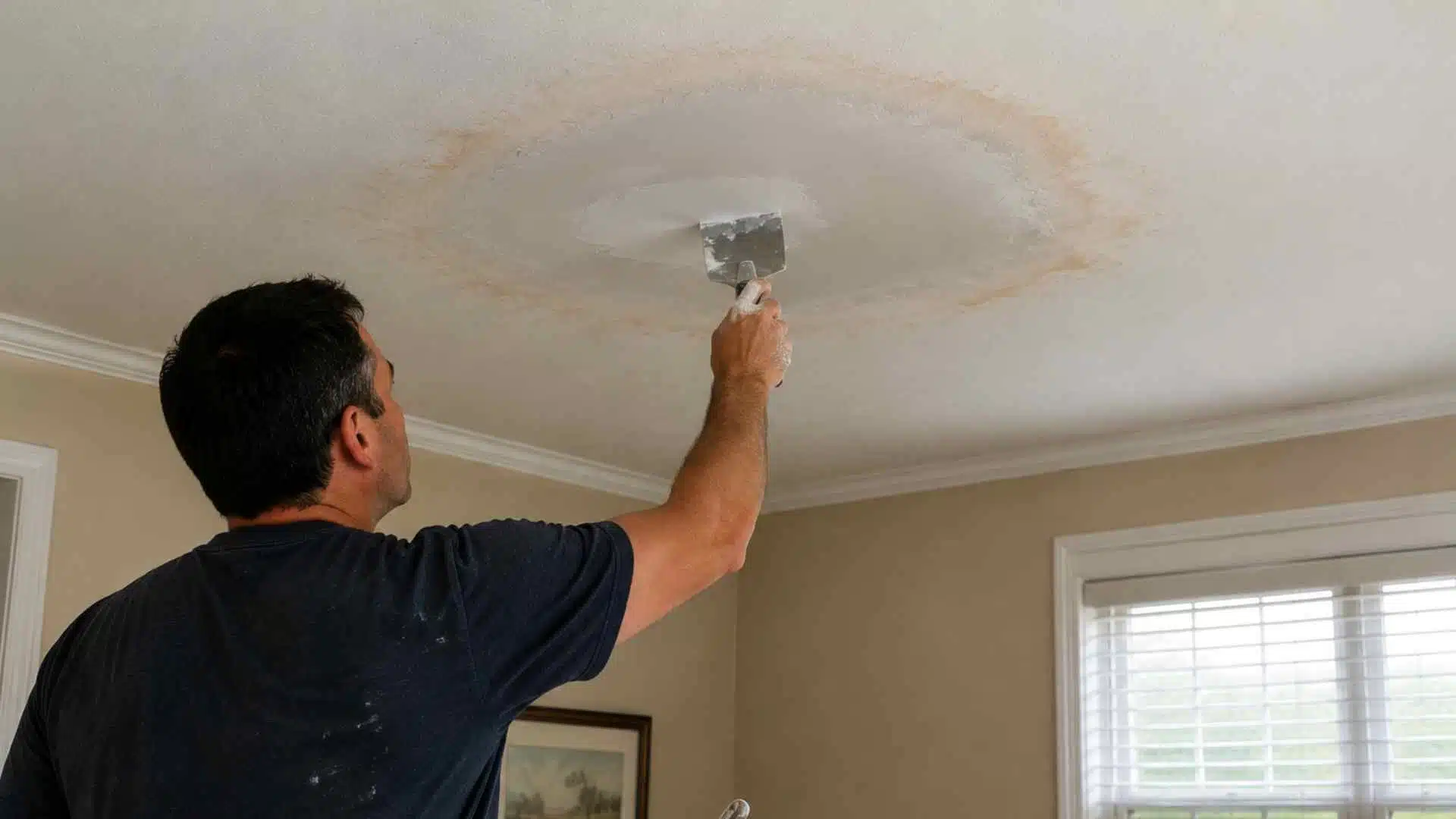 Repaired ceiling after water stain removal showing patched drywall under AC pipe in restored home interior