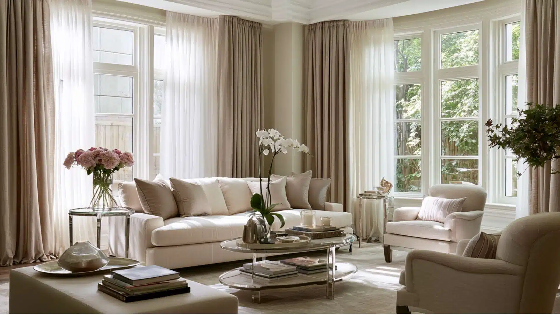 Sheer white and taupe layered drapery panels on corner bay windows in an elegant neutral living room