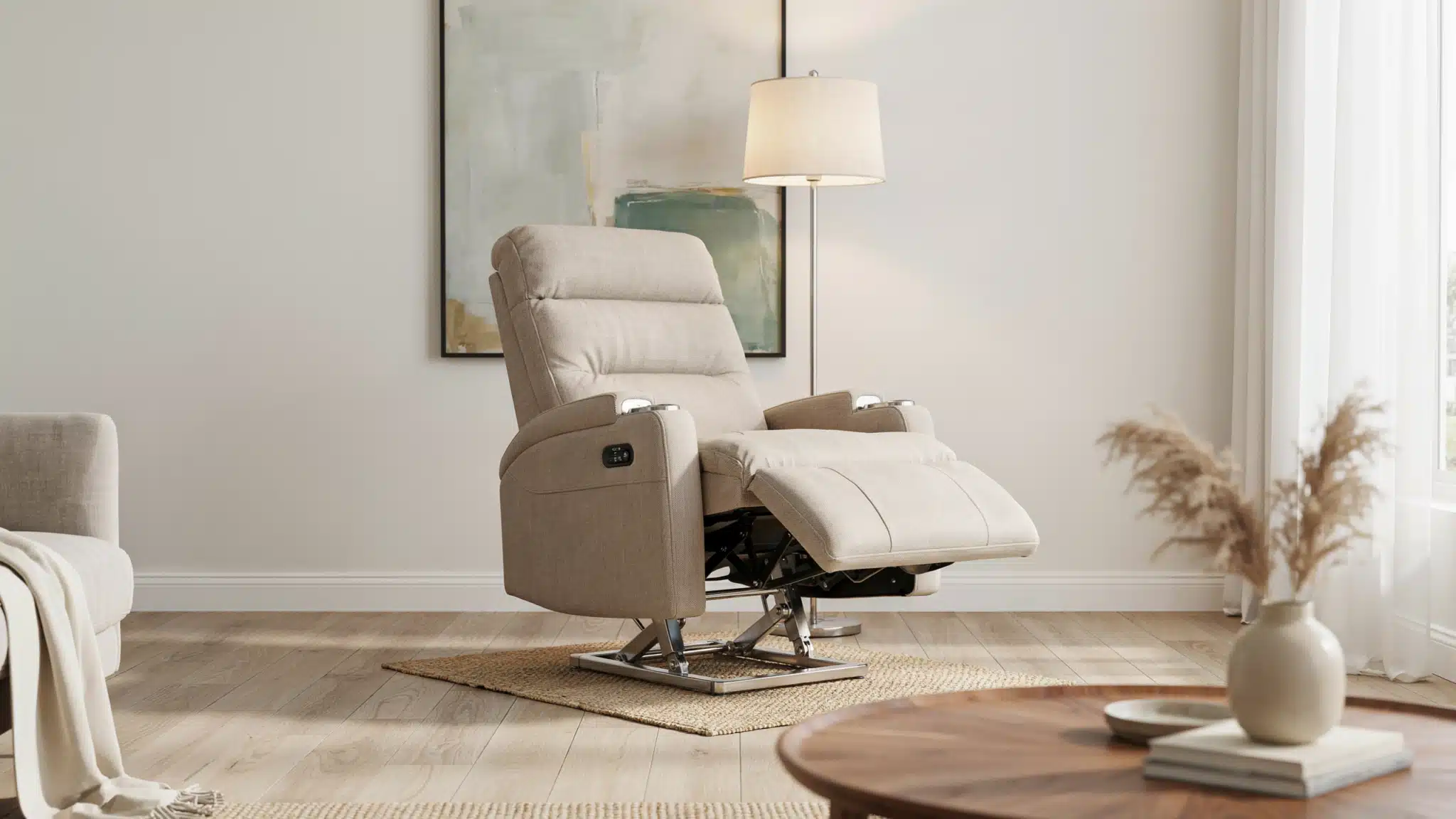Lift recliner chair in living room with elevated seat assisting standing motion.