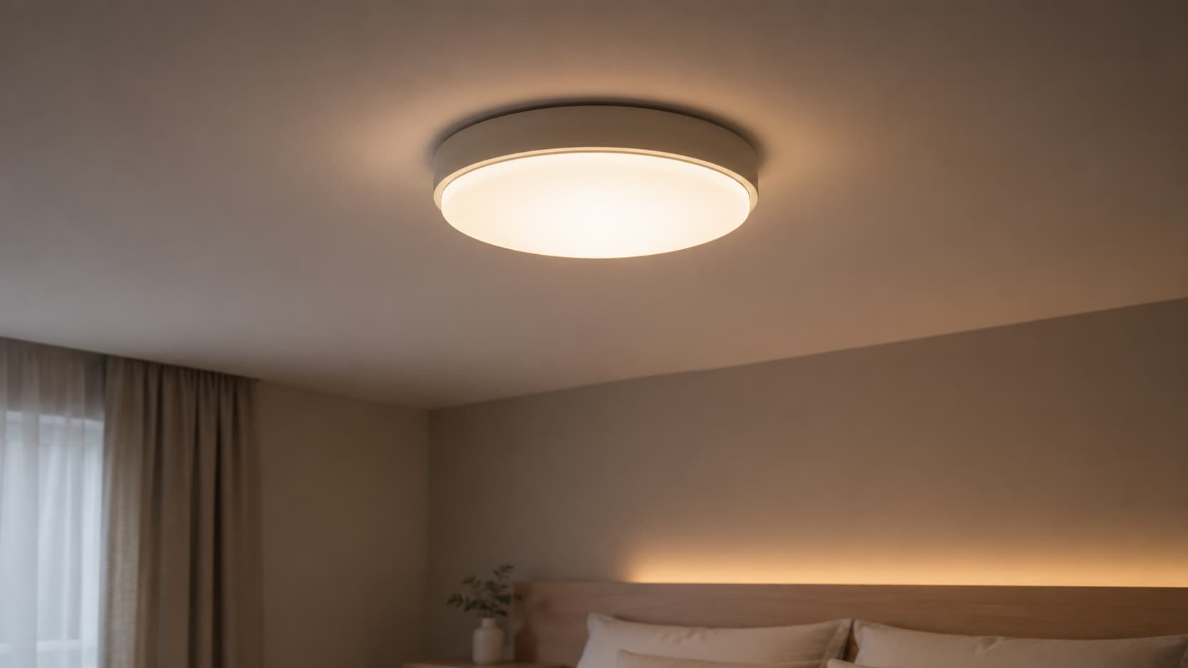 Modern bedroom with a bright ceiling light as the focal point, casting warm ambient illumination in a minimalist space.