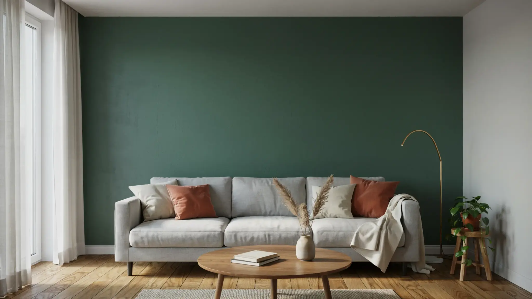 A living room with a grey sofa