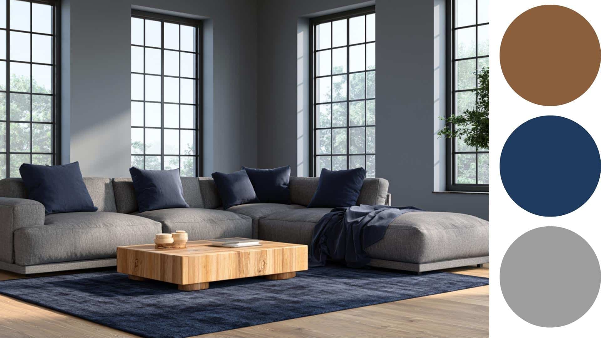 Modern living room with gray sectional sofa, navy rug, wooden coffee table, and large window lighting.