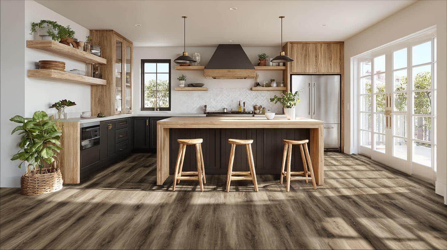 LVP flooring in a modern kitchen showing waterproof wood look planks and natural oak finish