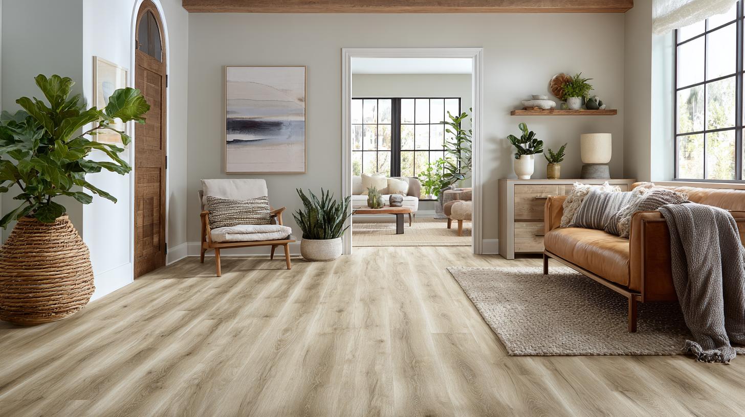 LVP flooring with wide planks and embossed wood texture in warm oak tones