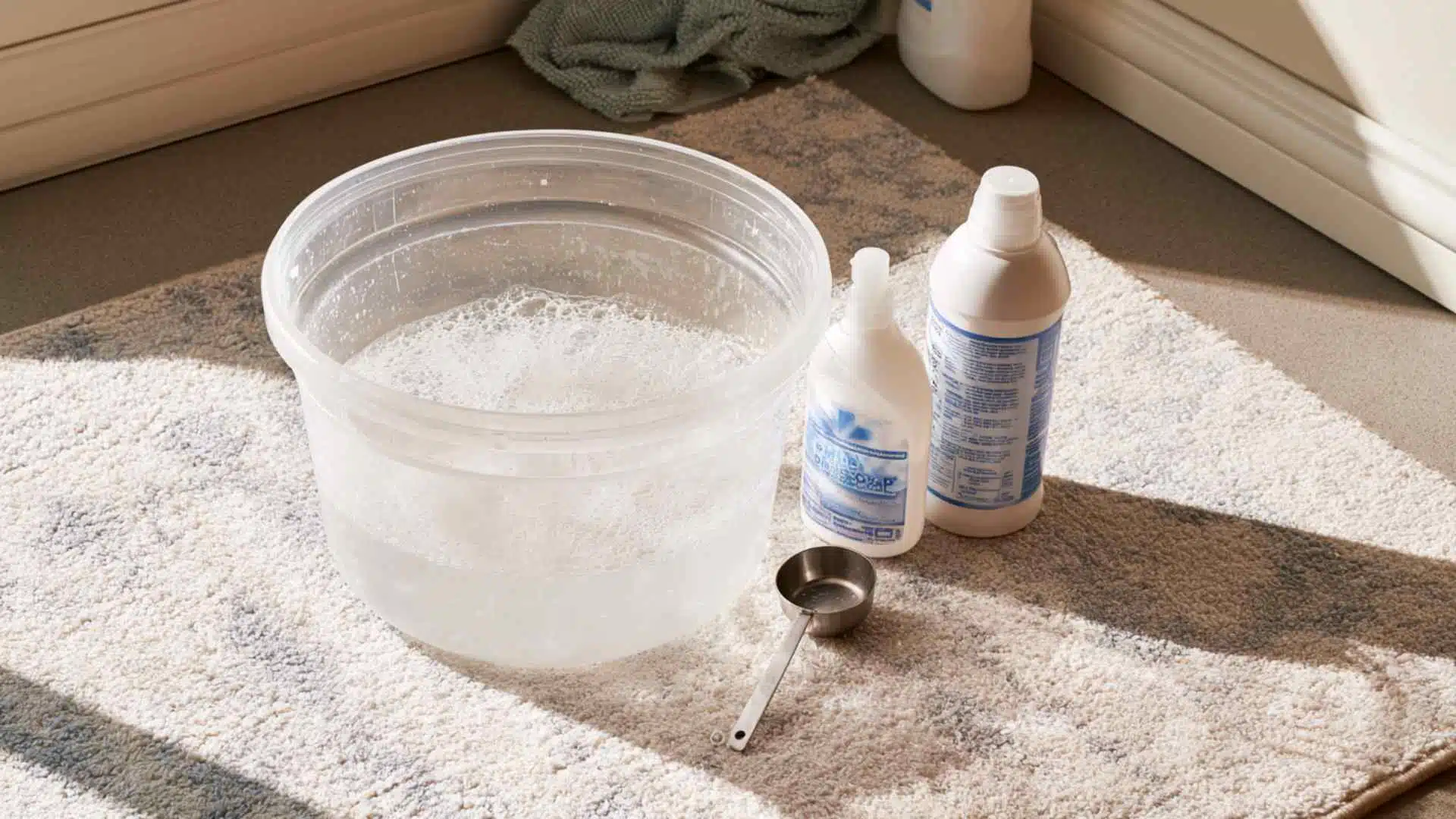 Flat lay of dish soap, fabric softener, and warm soapy water in bucket on clean surface for carpet cleaning mix