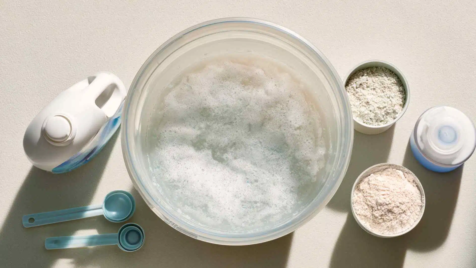 Overhead view of laundry detergent, OxiClean, and fabric softener arranged beside bucket of mixed carpet cleaner solution