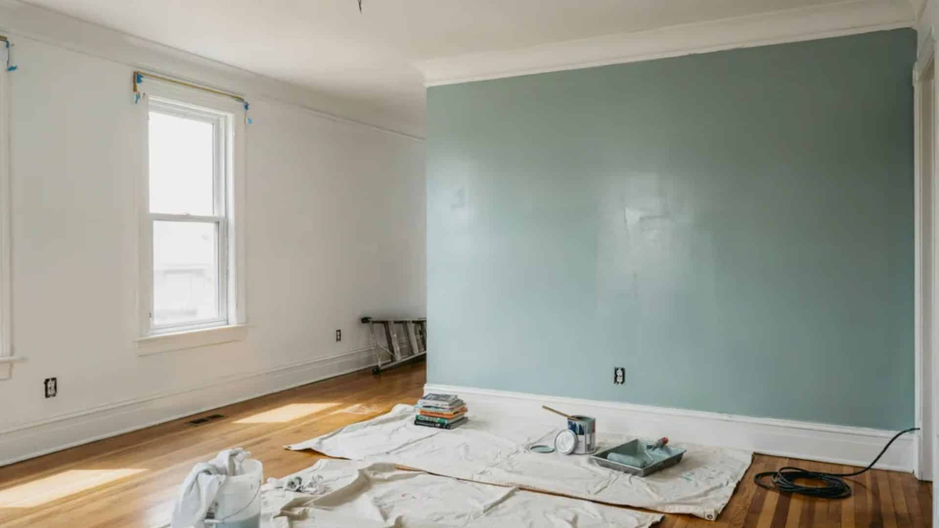 Empty bedroom mid painting with roller, drop cloths and fresh wall coat under soft natural daylight interior scene