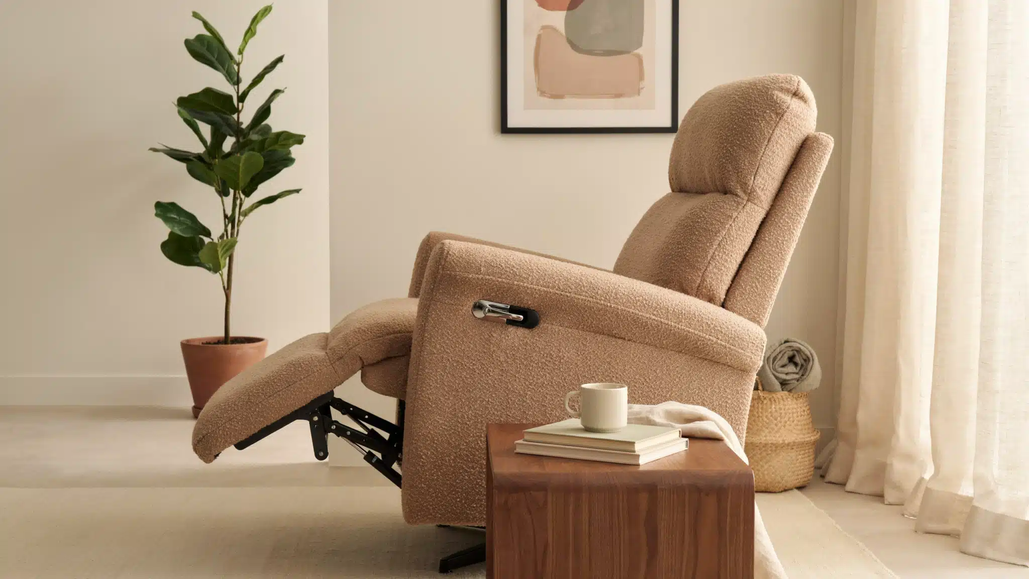 Manual recliner chair with lever mechanism in cozy living room angled back showing footrest extended.