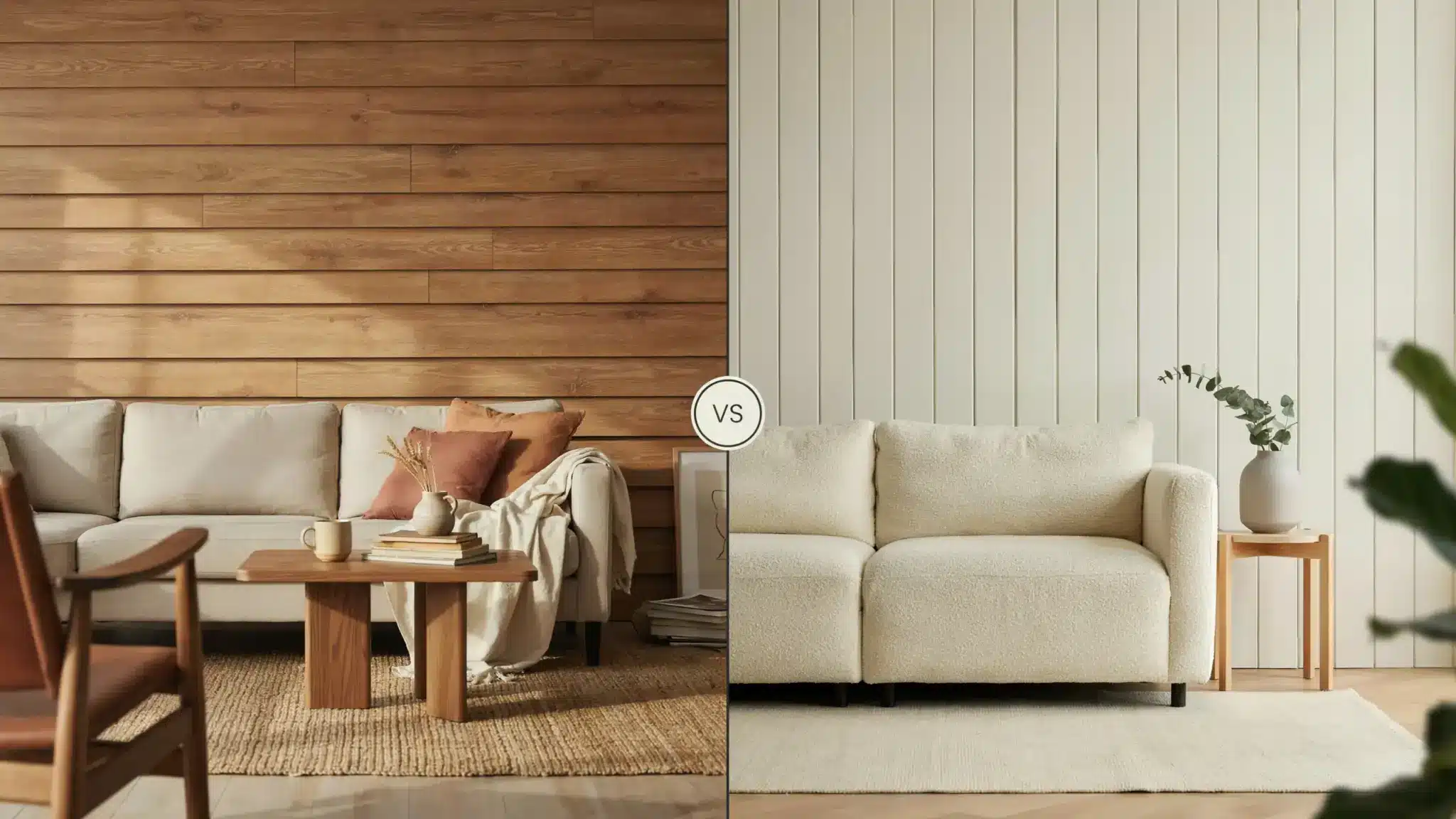 Split interior showing shiplap rustic living room and tongue-and-groove minimalist room in clean VS comparison