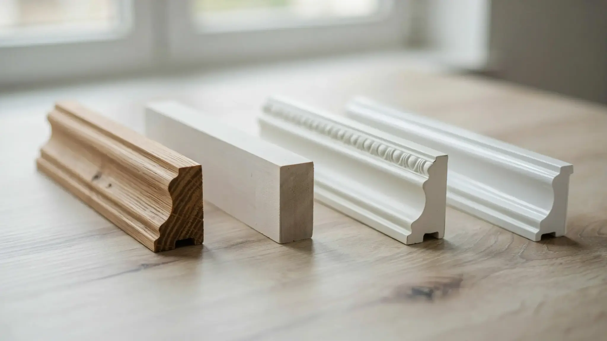 Four crown molding samples on wood surface, ranging from natural oak to white painted and decorative plaster styles.