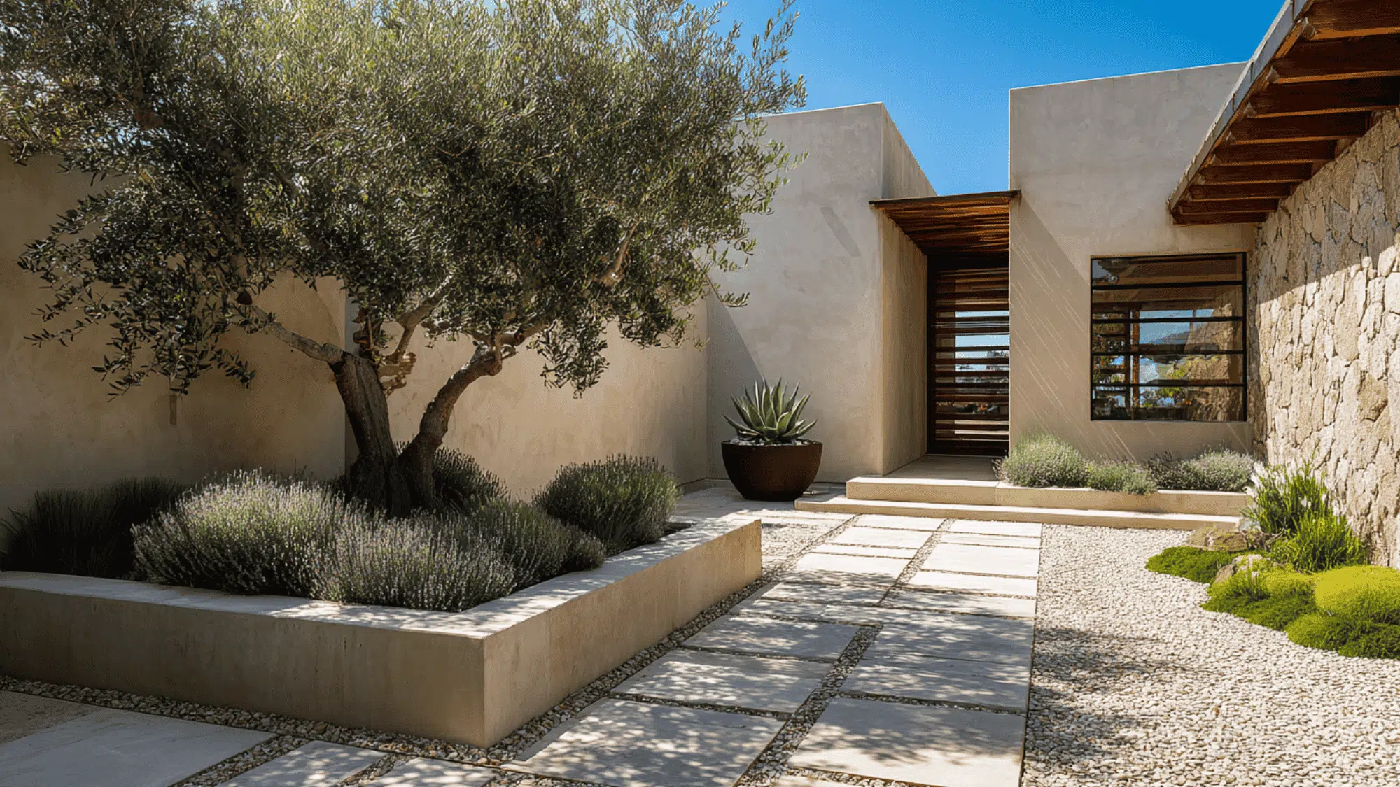 Mediterranean landscape with stone path, lavender plants, and terracotta accents in a sunny yard