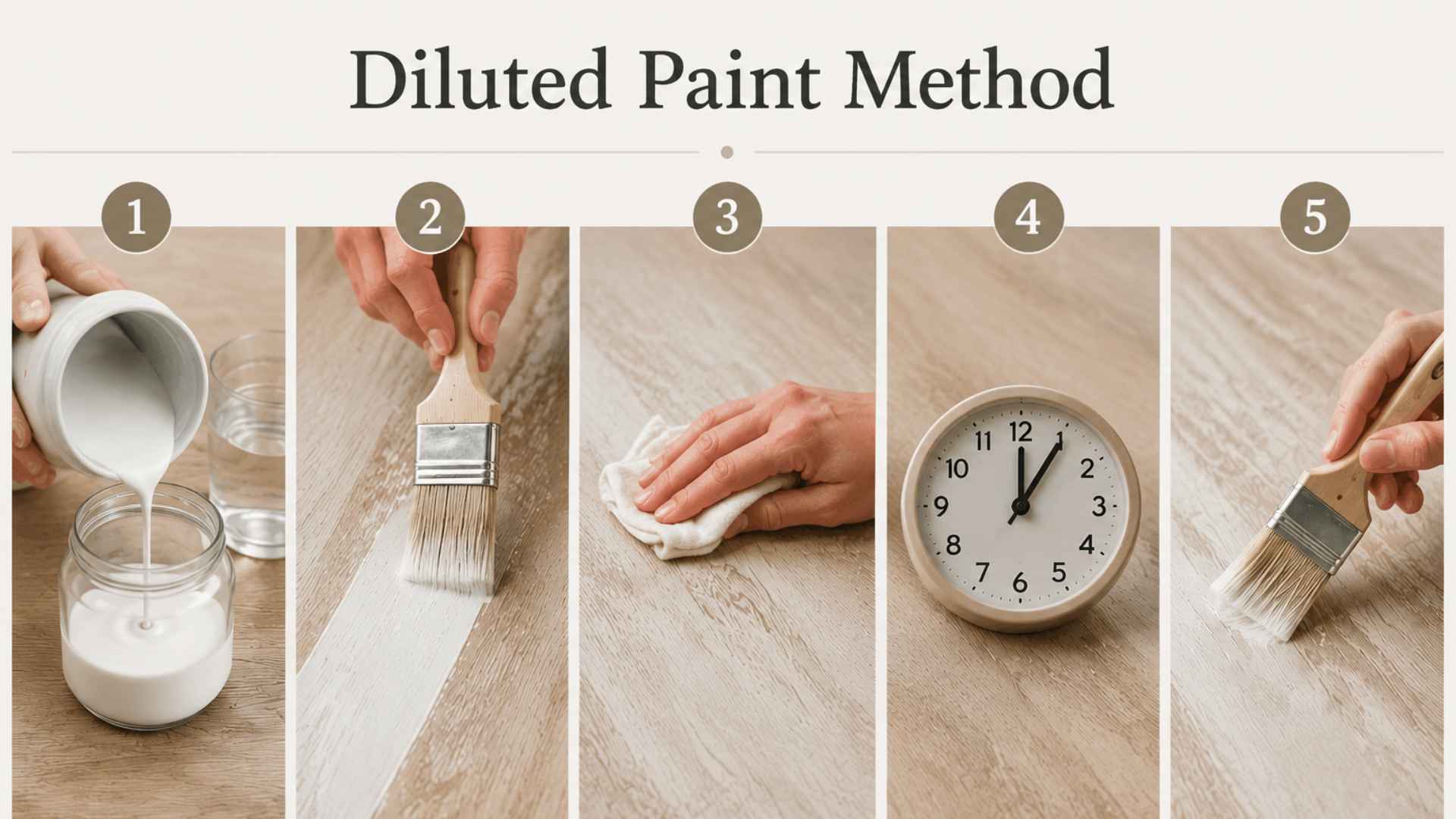 Hands applying diluted white paint on wood surface in sequential steps showing whitewashing process infographic style