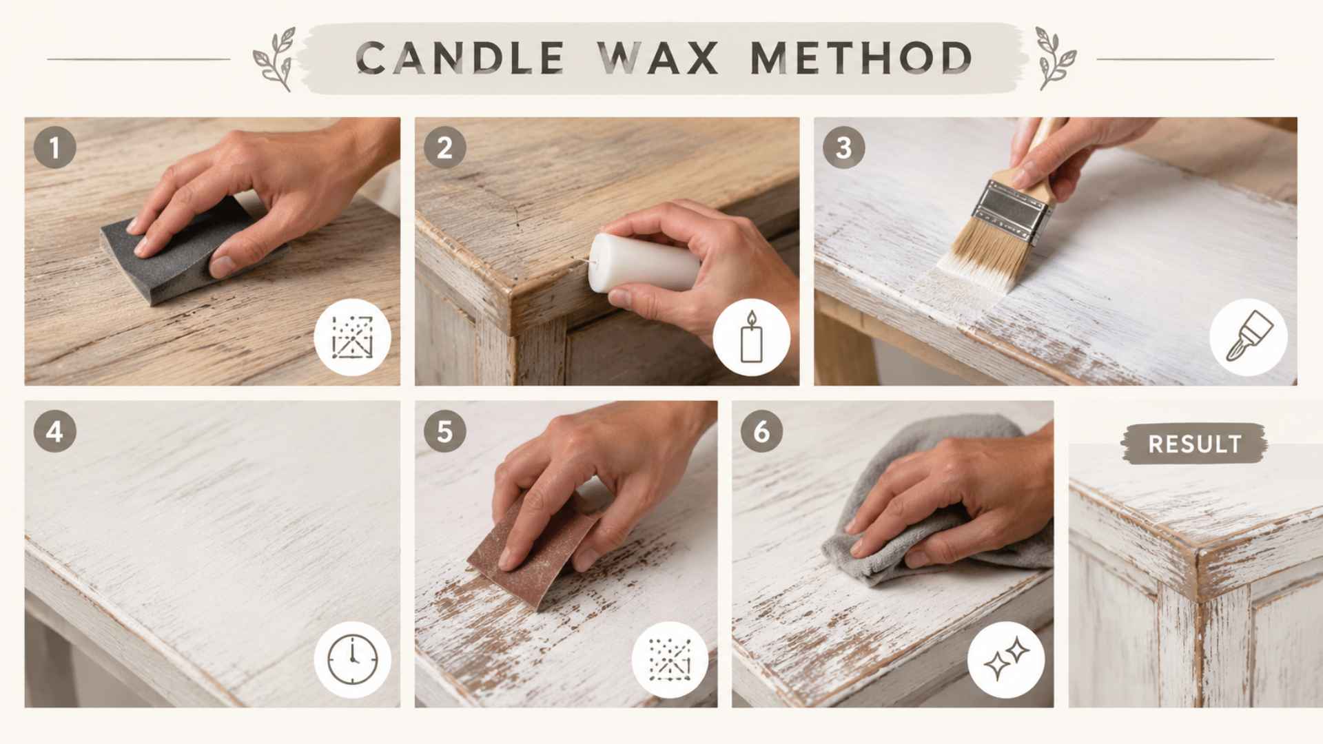 Six-step infographic showing candle wax distressing wood method with hands waxing, painting, sanding, rustic finish.