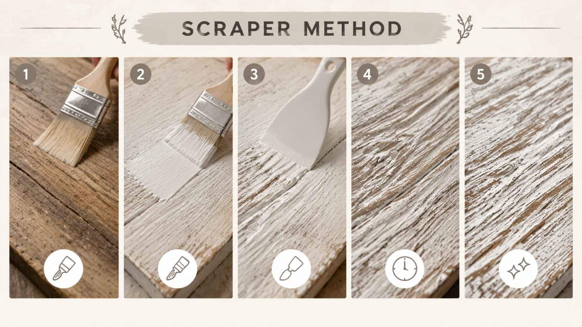 Scraper method infographic showing whitewash dragged and scraped off wood to highlight grain texture. Hands only visuals.