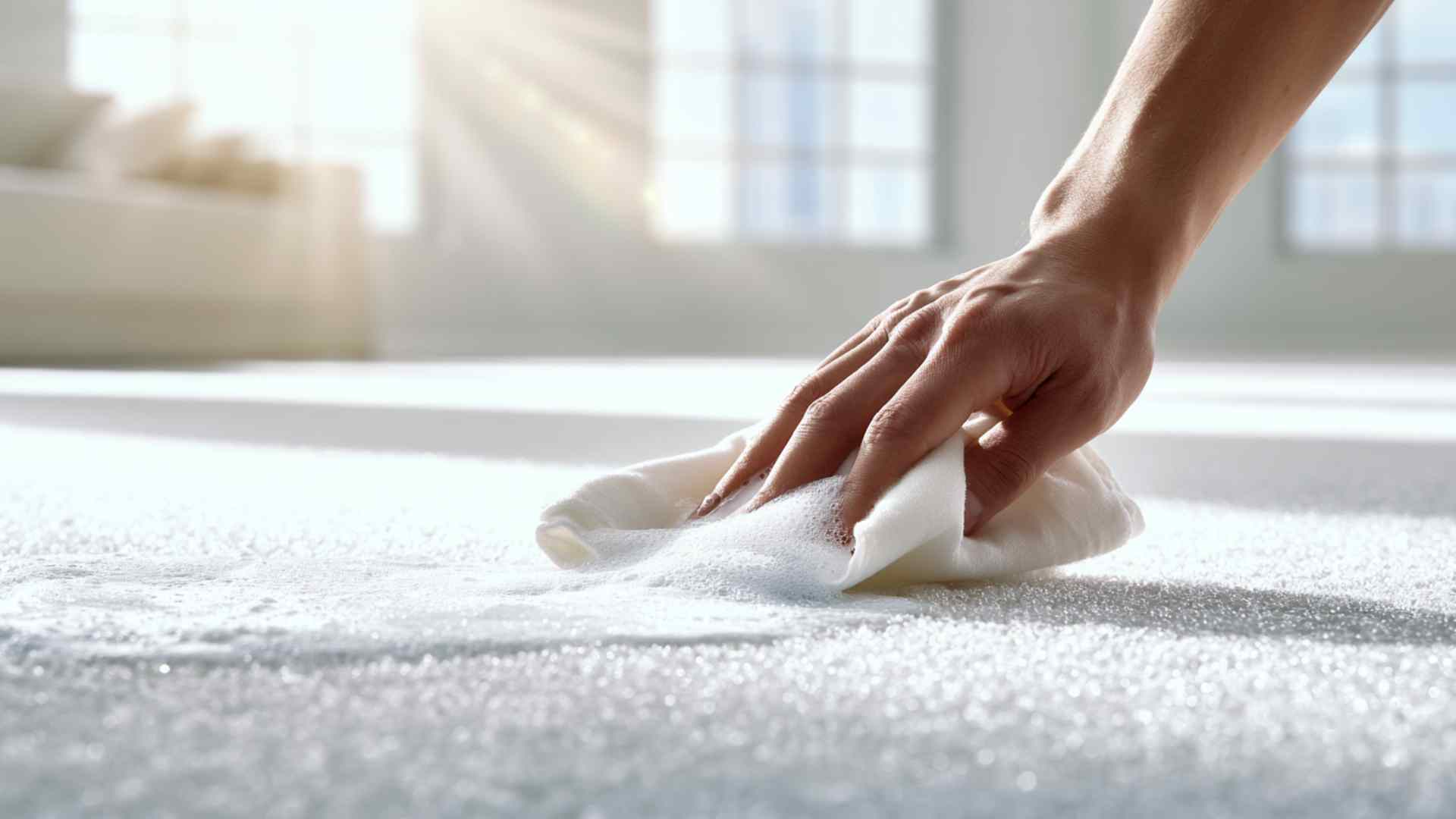 Hand gently wiping carpet with mild soap solution removing dust and grime while preserving softness and texture