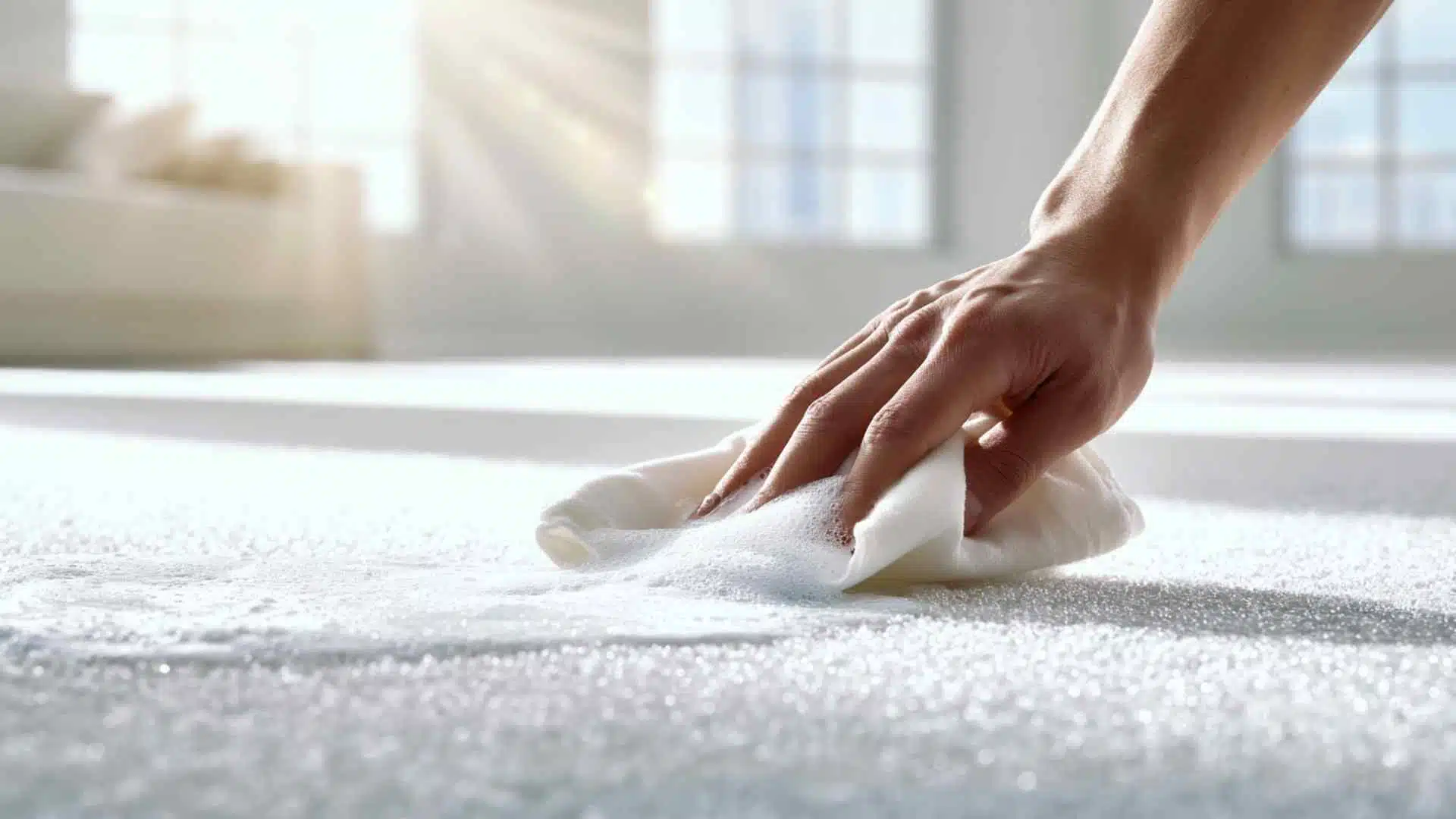 Hand gently wiping carpet with mild soap solution removing dust and grime while preserving softness and texture