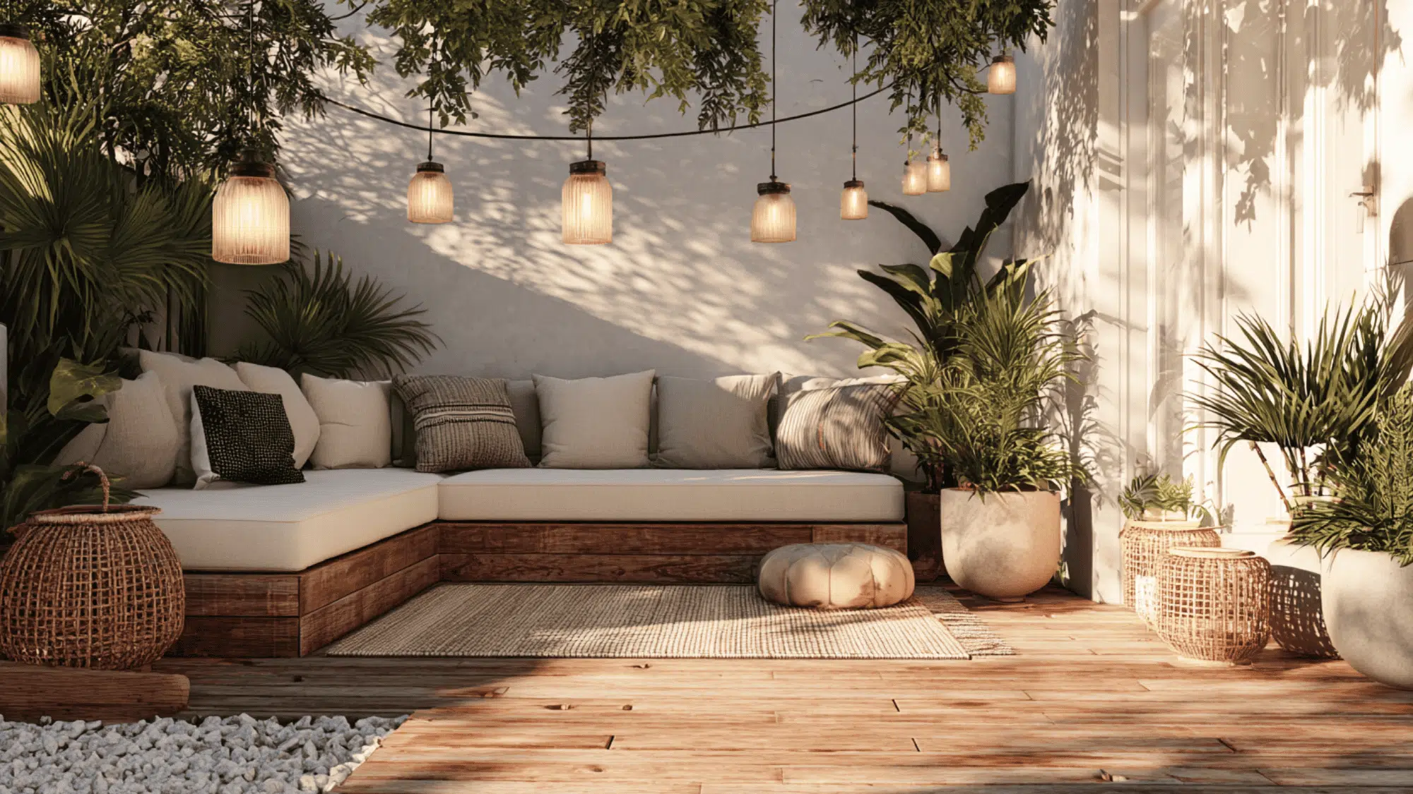 Modern bohemian landscape with layered plants, decorative planters, and relaxed outdoor seating area