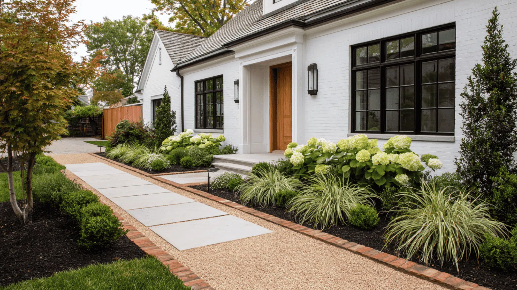 Modern farmhouse landscape with open lawn, wooden elements, and native plants around a country-style home
