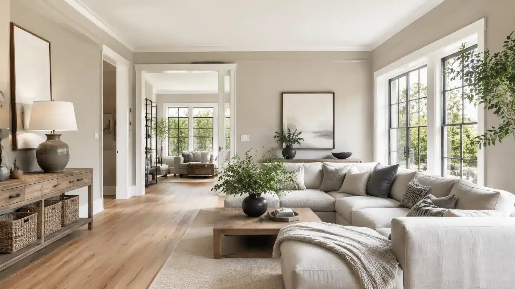 Modern living room with warm gray painted walls