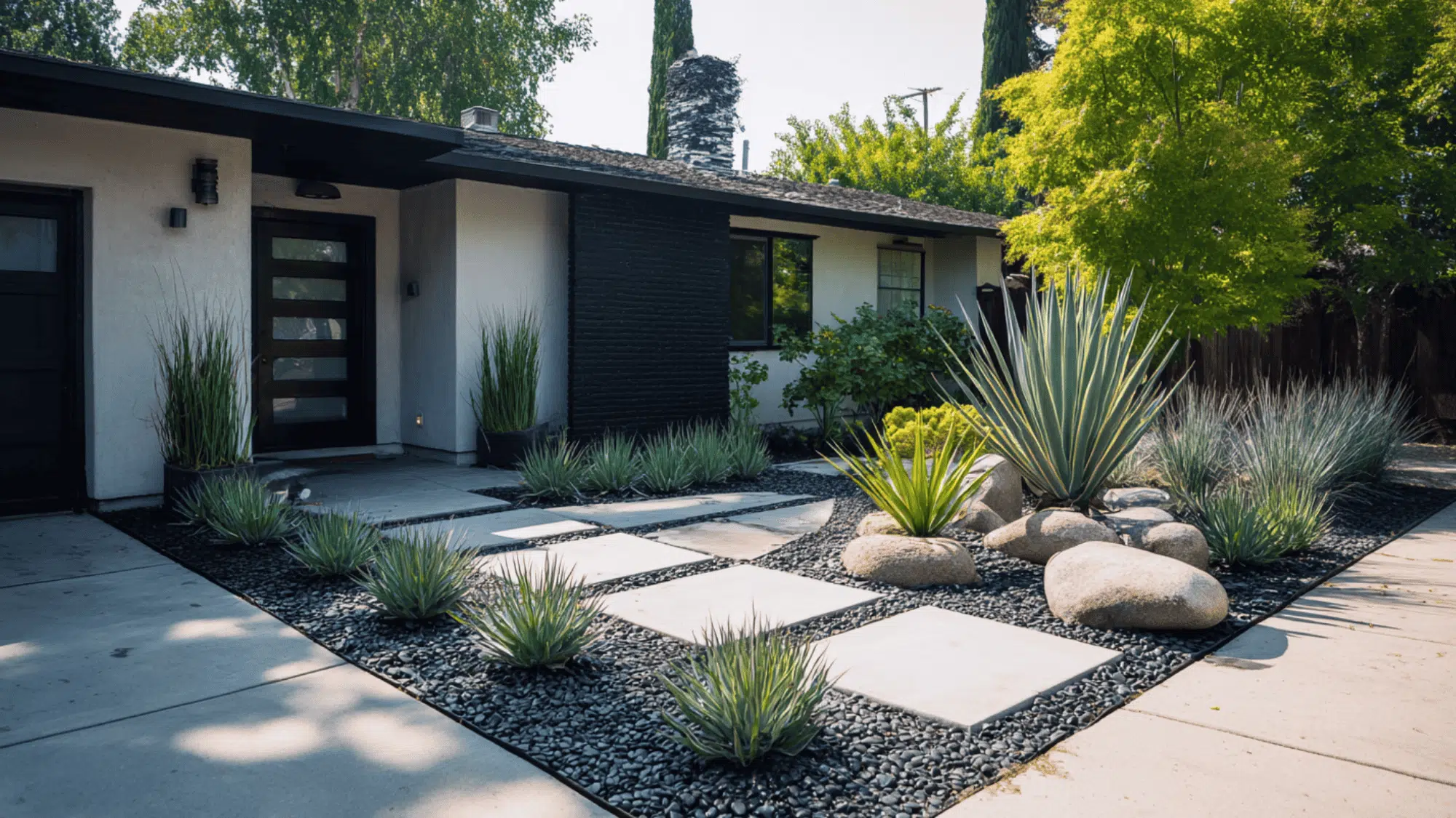 Modern minimal landscape with concrete path, gravel ground cover, clean lines, and low-maintenance plants