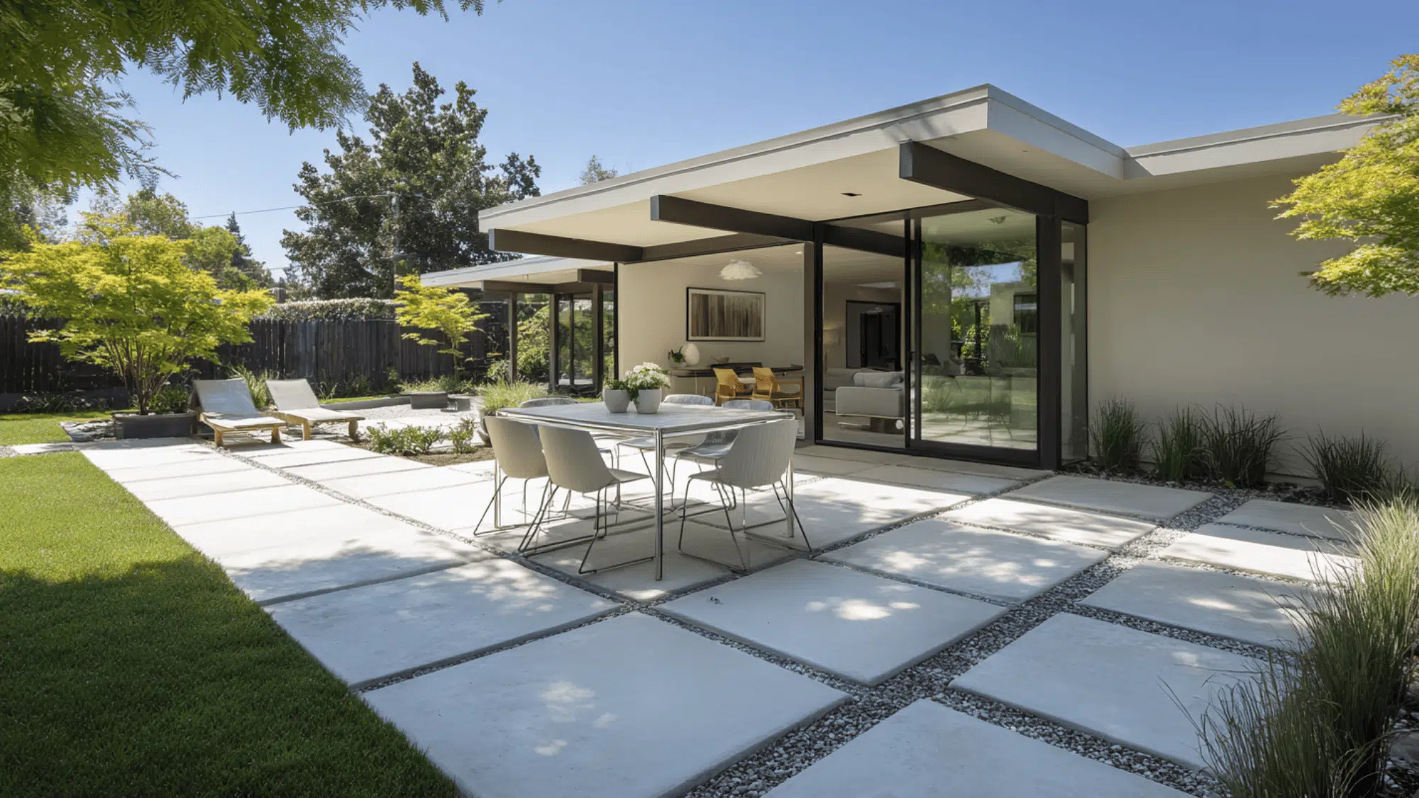 Modern patio with large format concrete pavers, sharp edges, and outdoor dining furniture on flat surface