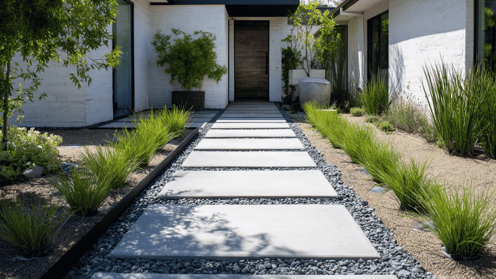 Modern front yard walkway with large concrete floating slabs and gravel joints leading to front door
