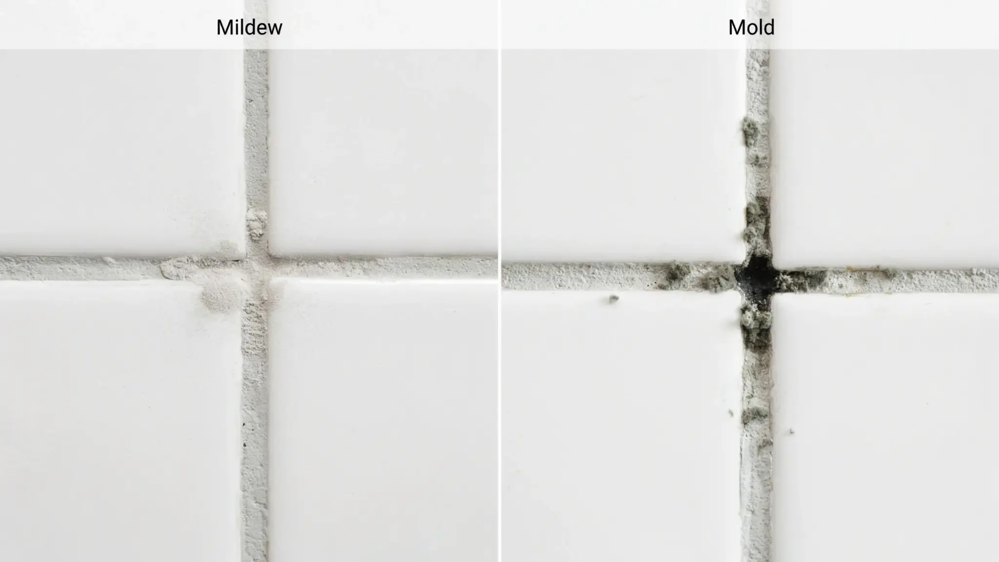 Side-by-side close-up of bathroom tile grout showing flat powdery mildew on the left and dark mold on the right.