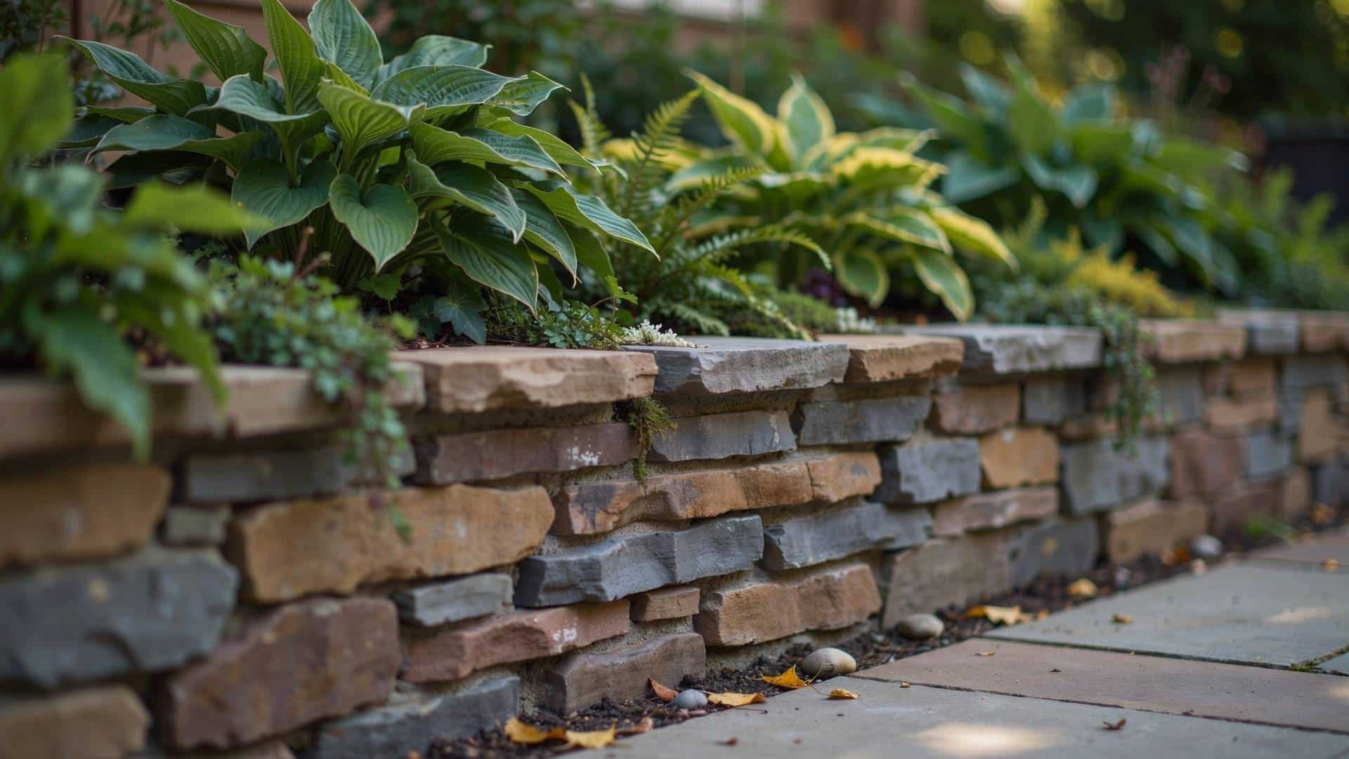 Natural stacked stone retaining wall skirting topped with flat stone caps and plants.