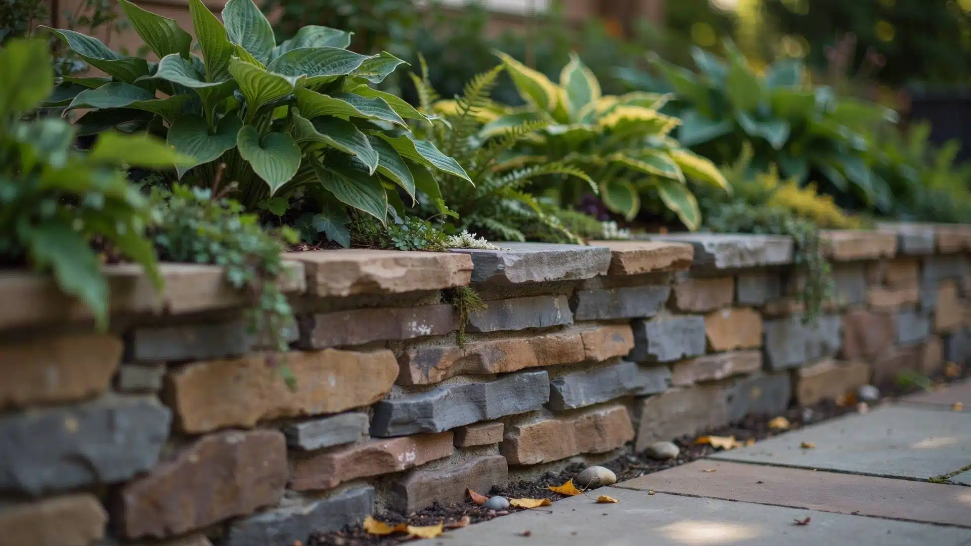 Natural stacked stone retaining wall skirting topped with flat stone caps and plants.