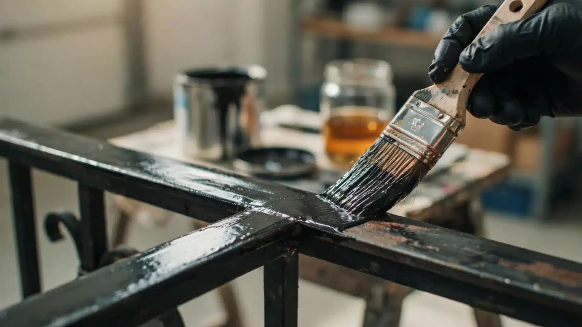 Gloved hand brushing glossy oil-based enamel paint onto a black metal railing, showing a smooth hard glass-like finish